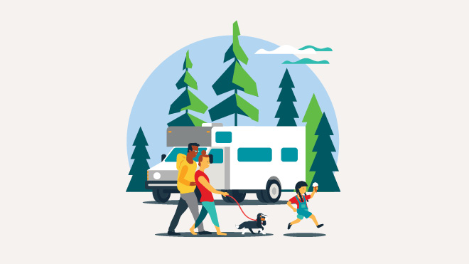 An illustration of a family walking their dog in front of their RV in the woods.