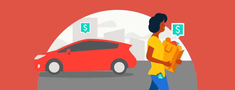 Illustration of woman walking and carrying groceries with a dollar-sign callout over the grocery bag and on the phone poking out of her pocket. Car in background with a dollar-sign callout over it.