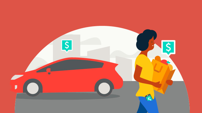 Illustration of woman walking and carrying groceries with a dollar-sign callout over the grocery bag and on the phone poking out of her pocket. Car in background with a dollar-sign callout over it.