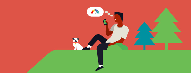 Illustration of a person sitting next to a white dog, looking at a smart phone; a thought bubble shows a credit score gauge with the needle pointed at green to represent a good score.