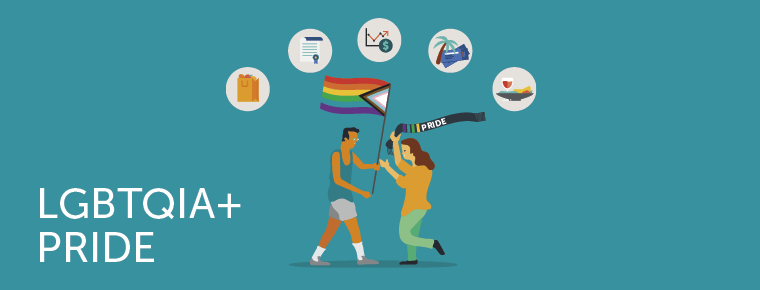 Illustration of two people walking toward each other, one carrying a Pride flag and the other carrying a scarf that says "Pride." Five icons in circles arch over them: a grocery bag, a contract, a graph with a dollar sign, a beach scene and food. Text in the lower left reads "LGBTQIA+ PRIDE."