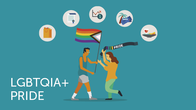 Illustration of two people walking toward each other, one carrying a Pride flag and the other carrying a scarf that says "Pride." Five icons in circles arch over them: a grocery bag, a contract, a graph with a dollar sign, a beach scene and food. Text in the lower left reads "LGBTQIA+ PRIDE."