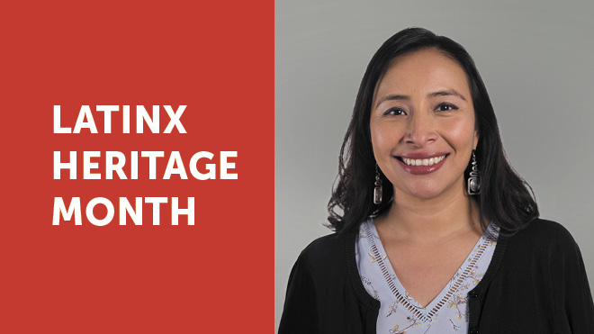 White text on red background says, "Latinx Heritage Month," next to headshot of BECU's VP of Diversity, Equity and Inclusion, Jackie Martinez-Vasquez