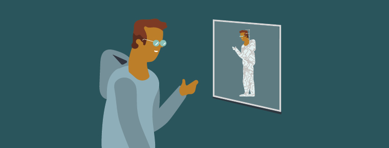 Illustration of a person pointing at a screen displaying a digital replica of himself.
