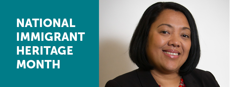 Left half: White text on teal background says National Immigrant Heritage Month. Right half: Headshot of Pauline Hernandez, a Filipino American woman and manager of a BECU neighborhood financial center.