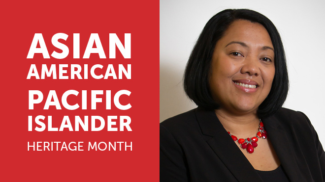Left half: White text on red background says "Asian American Pacific Islander Heritage Month." Right half: Headshot of Pauline Hernandez, a Filipino American woman and manager of a BECU neighborhood financial center.
