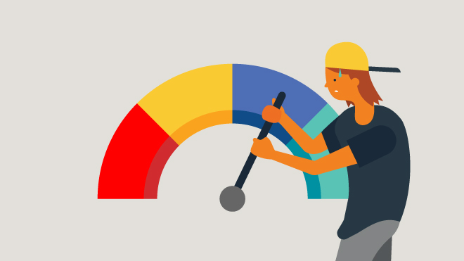 Illustration of a credit score gauge. A person is sweating from the effort of pulling on the indicator needle, like it's a lever, to move their credit score up.