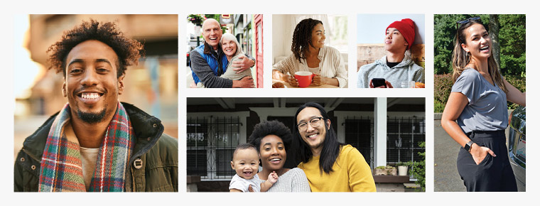 A photo collage of six images of smiling people of various ages, races and genders. Four images are single people, one is a family with a young baby, and one images is an older couple.