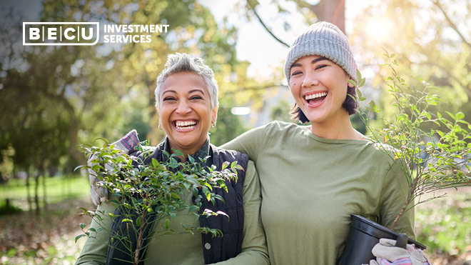 Two smiling women working in a garden. BECU Investment Services logo.