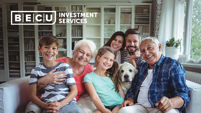 A smiling family and their dog. BECU Investment Services logo.