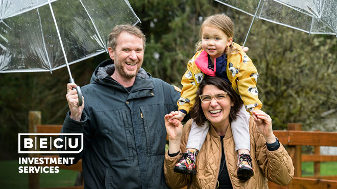 A smiling family with umbrellas. BECU Investment Services logo. 
