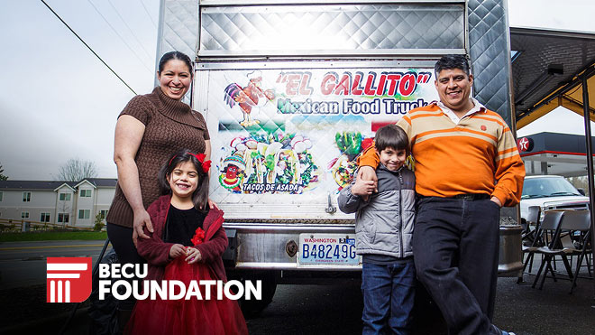 A smiling family in front of their food truck. BECU Foundation logo.