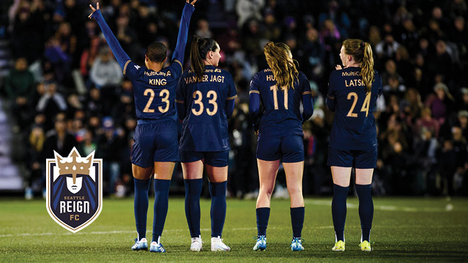 Seattle Reign FC players. Seattle Reign FC logo.