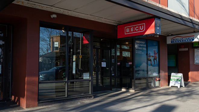 BECU Ballard location, a store front with glass doors