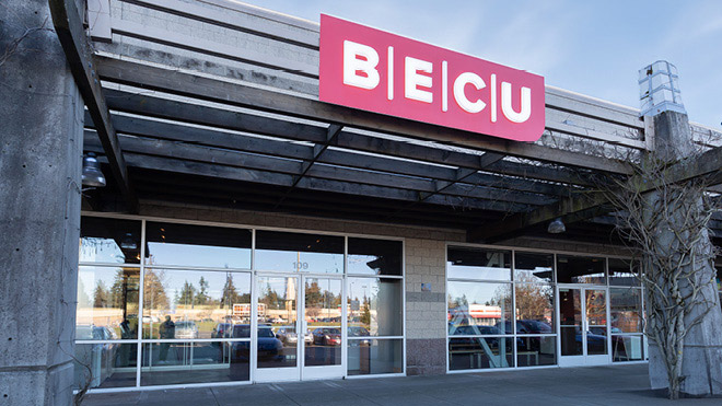 BECU Shoreline location, a building with glass doors
