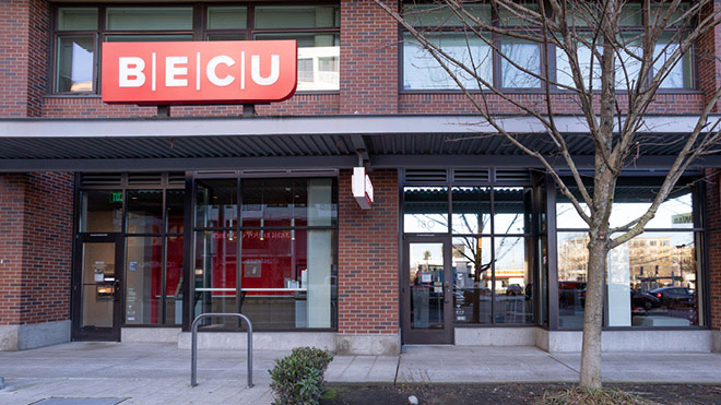 BECU West Seattle location, a building with glass doors