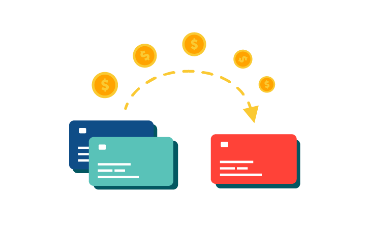 Illustration of a blue and turquoise credit card stacked on the left and single red credit card on the right. A dash-line arrow arcs from the two credit cards to the single credit card. A series of gold circles with dollar signs in the middle of each circle arc over the dashed line. The circles and dollar signs get smaller as they approach the arrow over the red credit card.