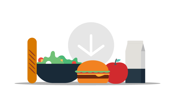 Illustration of food: a baguette, salad, burger, apple and drink carton. A gray circle with a white down arrow is in the background.