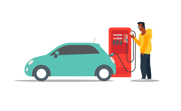 Illustration of a man fueling a teal car from a red pump. He's approaching the pump to pay with a credit card.