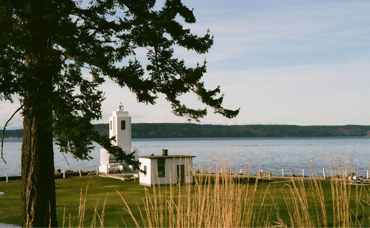 A scenic view of Browns Point Lighthouse with a close-up of a tree. The scenery is surrounded by green grass, the Puget Sound water and blue sky. 
