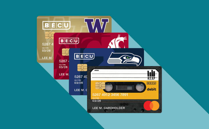 Four BECU debit cards featuring the University of Washington Huskies, Washington State University Cougars, the Seattle Seahawks and KEXP-FM radio station. 