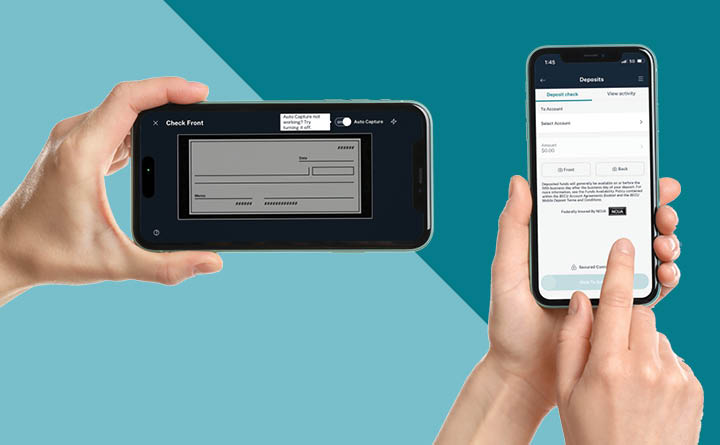 A visual of BECU's deposit check feature. On the left is a hand holding up a phone, depicting someone scanning a check. On the right is a hand of someone swiping through the check deposit feature, suggesting that they are depositing a check with BECU's mobile app. 