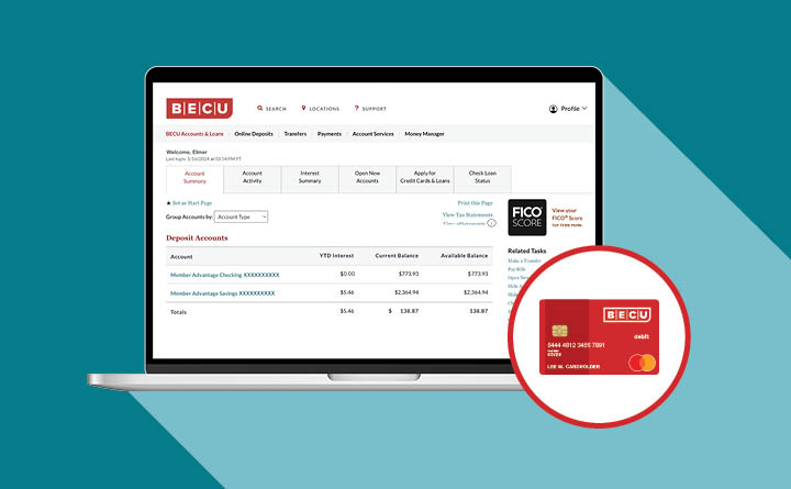 A screenshot of BECU Online Banking via desktop computer. On the lower right corner is a BECU debit card icon. 