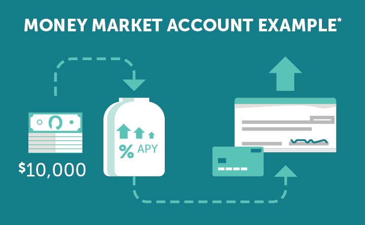 An illustration of a Money Market Account Example. It shows a stack of money labeled $10,000 going into a container (to represent an account). The container is labeled with "% APY" and has three different size arrows going up. On the right side of the image, is an illustration of a check and debit card to represent access to funds.