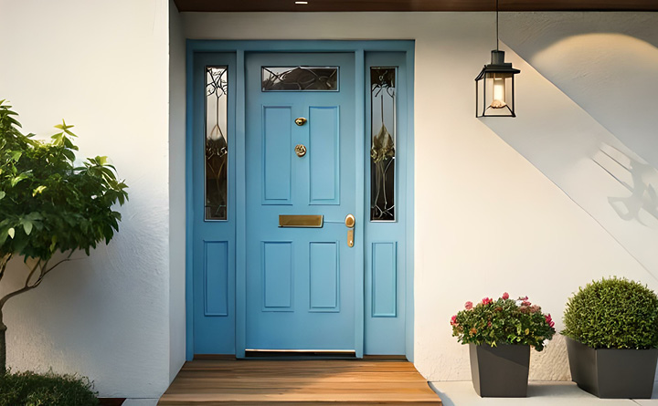 A front door entryway with a bright blue steel door. There are sidelites on the sides of the door and an exterior hanging pendant light on the right side of the doorway. There is a small tree of the left side and two small plants on the right. 
