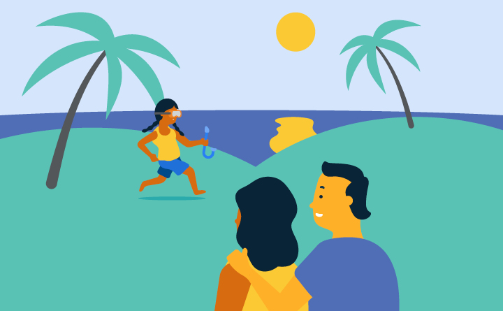 Illustration of a family (mom, dad and daughter) on a beach. Parents are watching daughter running on the grass, wearing goggles and holding a snorkel.