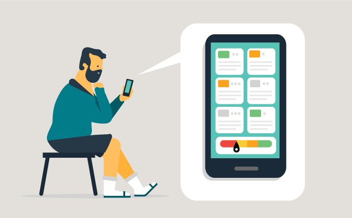 Illustration of a person sitting on a tool looking at his phone. A callout bubble enlarges what he's looking at on his screen. Six boxes suggest credit applications and a credit score gauge at the bottom suggests his score is low.