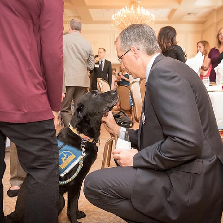 Benson Porter squats down to greet a black service dog wearing a blue vest in a crowded ballroom during an award event. A chandelier is above his head.