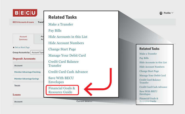 Image shows the Related Tasks menu in Online Banking, with a red arrow pointing to the Financial Goals & Resource Guide listed at the bottom.