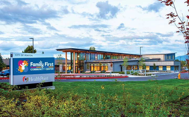Image shows the outside of the Family First Community Center building.