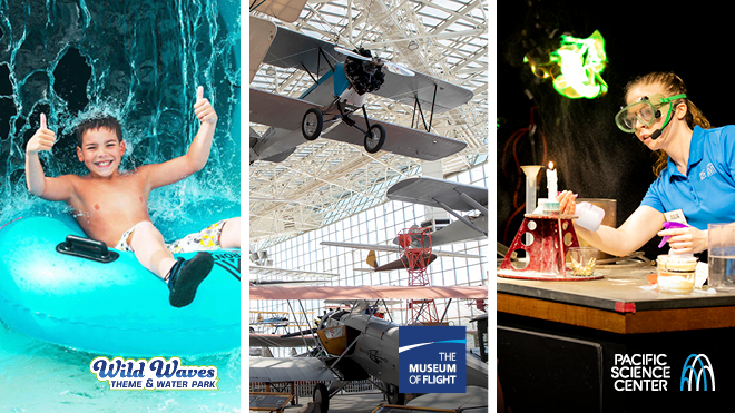 Collage of 3 Images. Wild Waves logo. Museum of Flight logo. Pacific Science Center logo.
